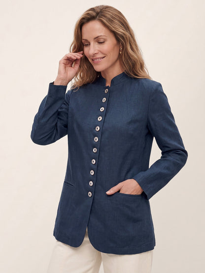100% Linen Stand Collar Princess Seam Jacket ALIDA