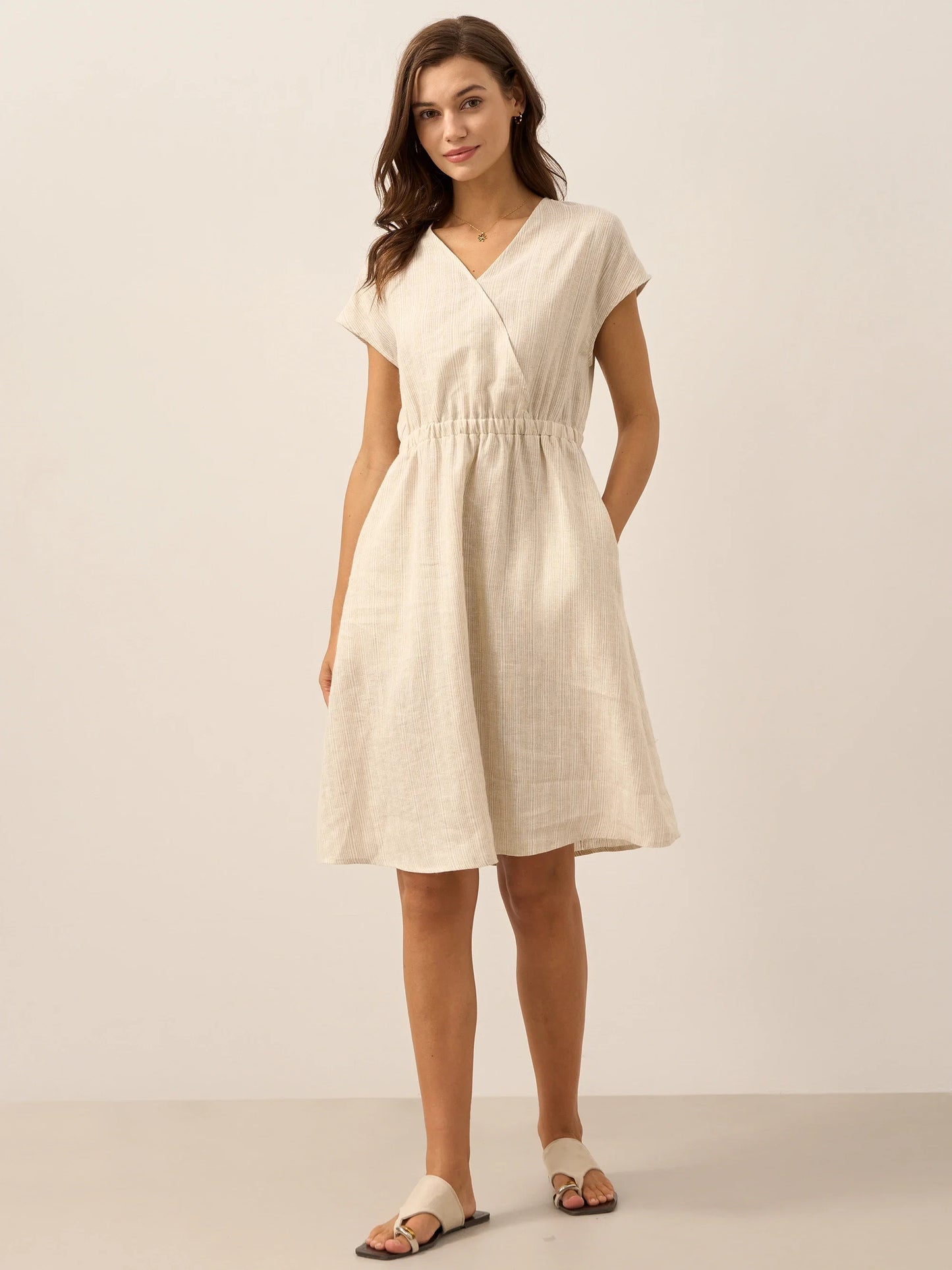 100% Linen Striped Elastic-Waist Mini Dress ARIA