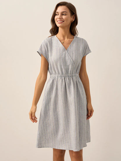 100% Linen Striped Elastic-Waist Mini Dress ARIA
