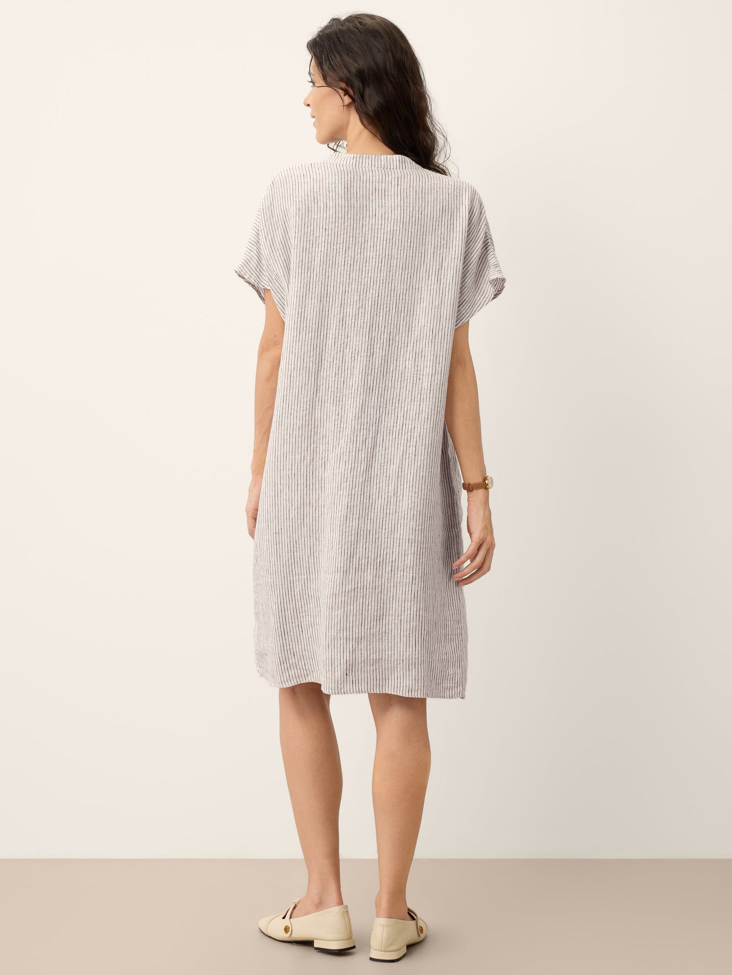 100% Linen Striped Ruffle Placket Shirt Dress GLORIA