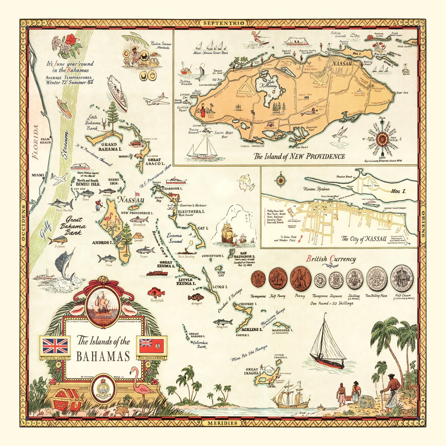 Vintage Map of Bahamas, 1951