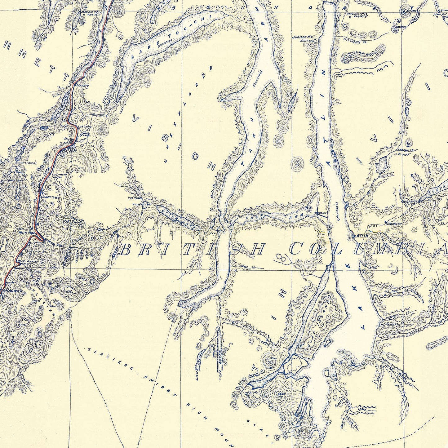 Vintage Map of Atlin Mining District, 1899