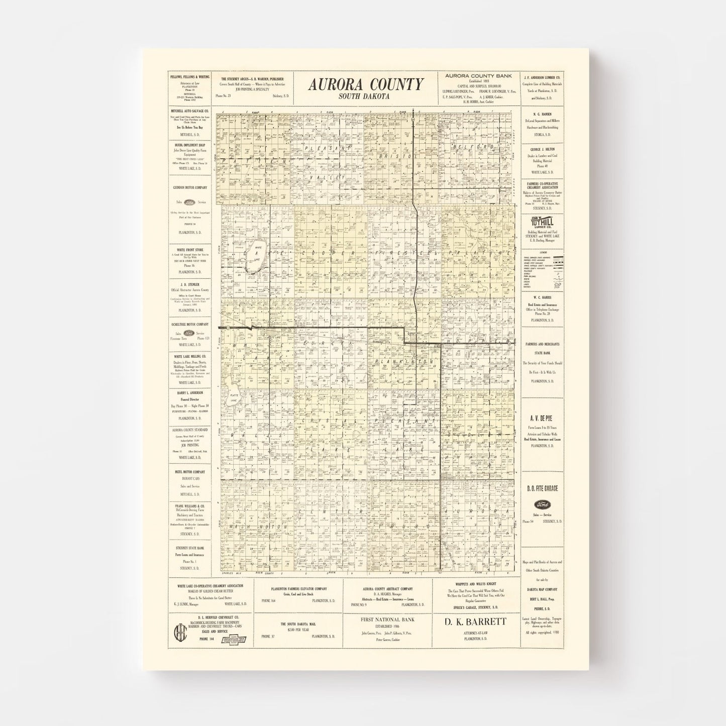 Vintage Map of Aurora County, South Dakota 1930