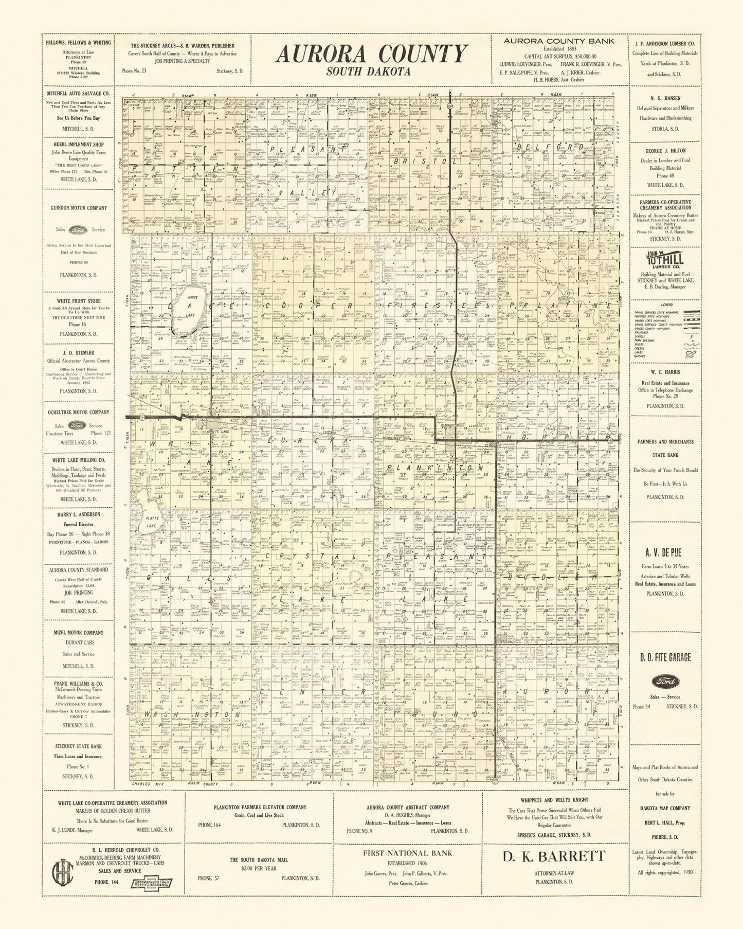 Vintage Map of Aurora County, South Dakota 1930