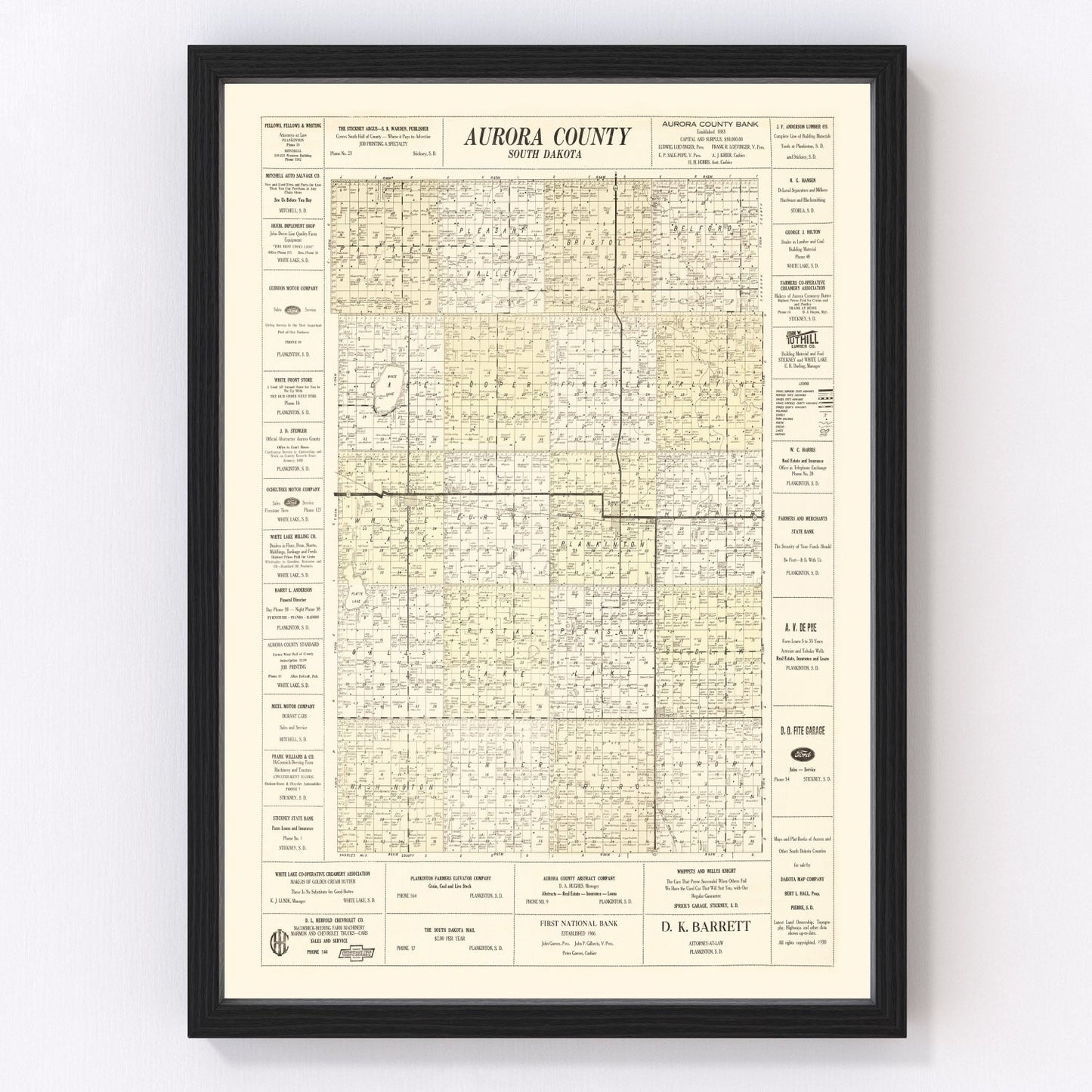 Vintage Map of Aurora County, South Dakota 1930