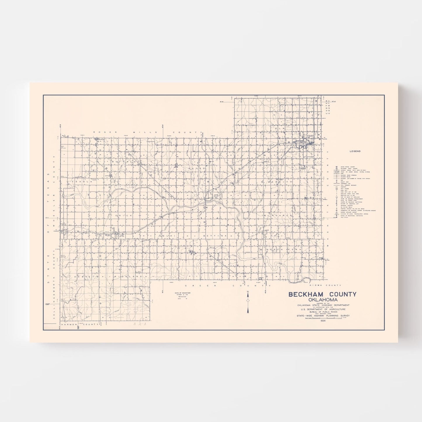 Vintage Map of Beckham County, Oklahoma 1936