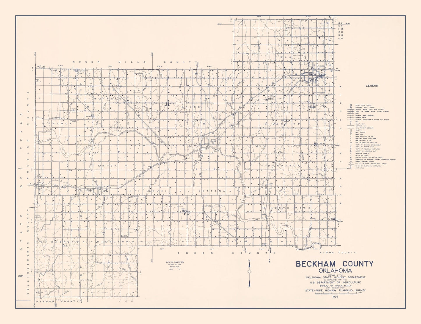 Vintage Map of Beckham County, Oklahoma 1936