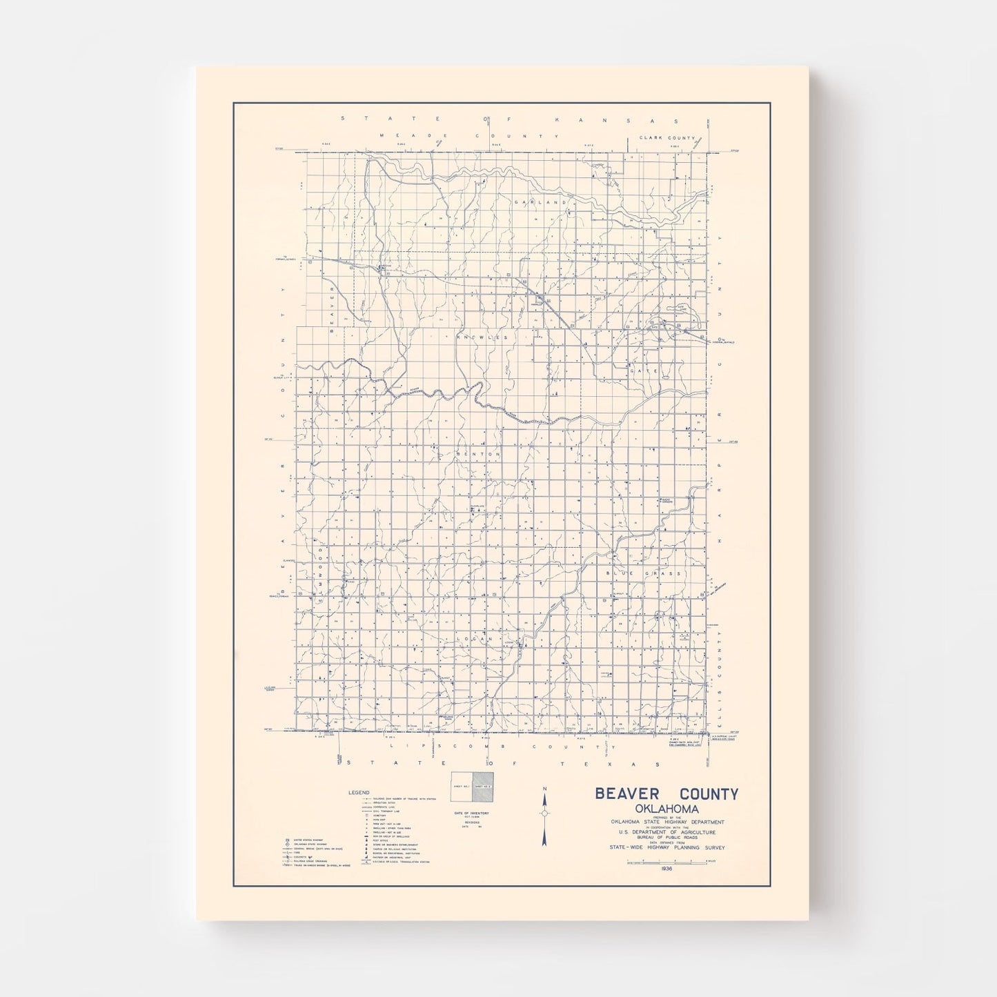 Vintage Map of Beaver County, Oklahoma 1936