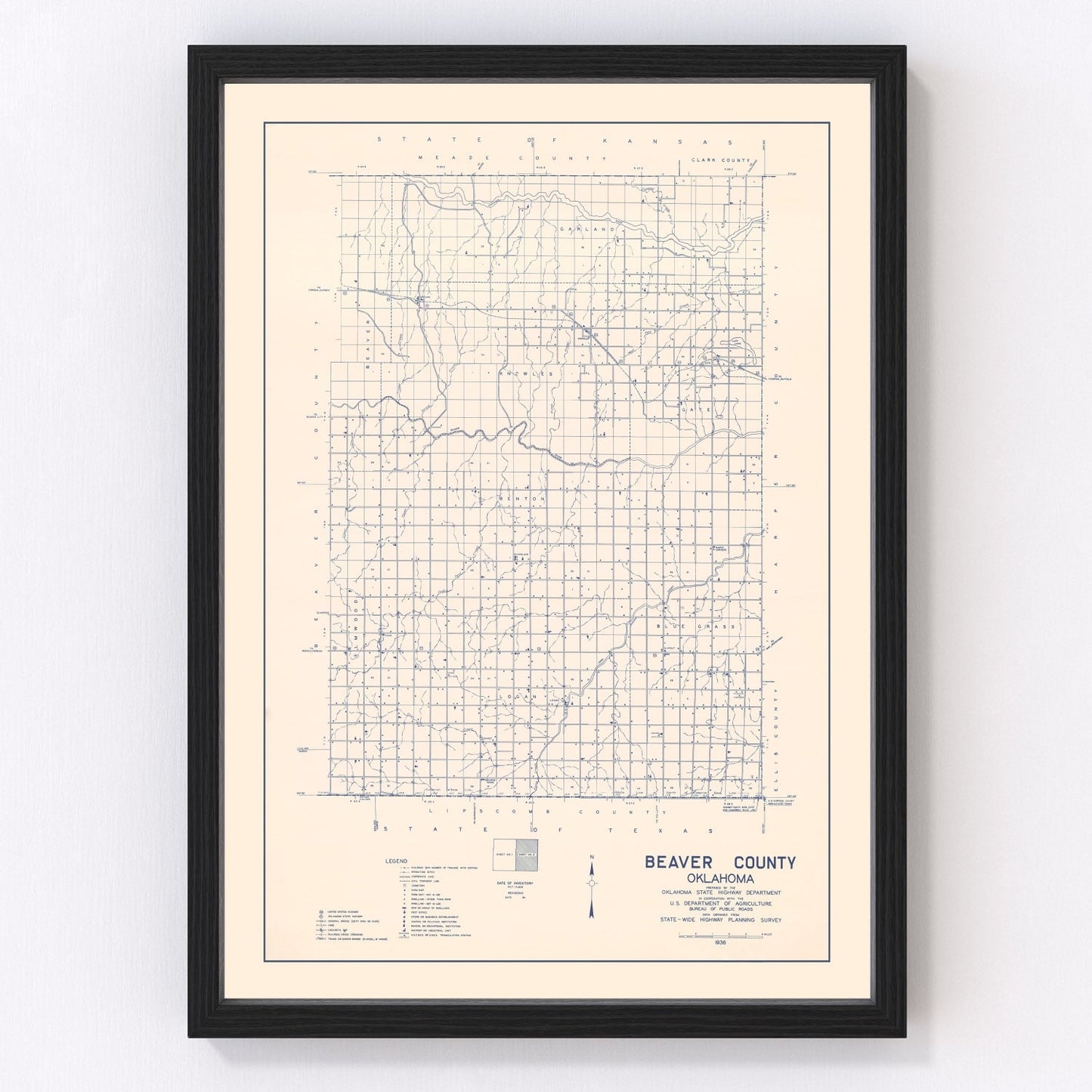 Vintage Map of Beaver County, Oklahoma 1936