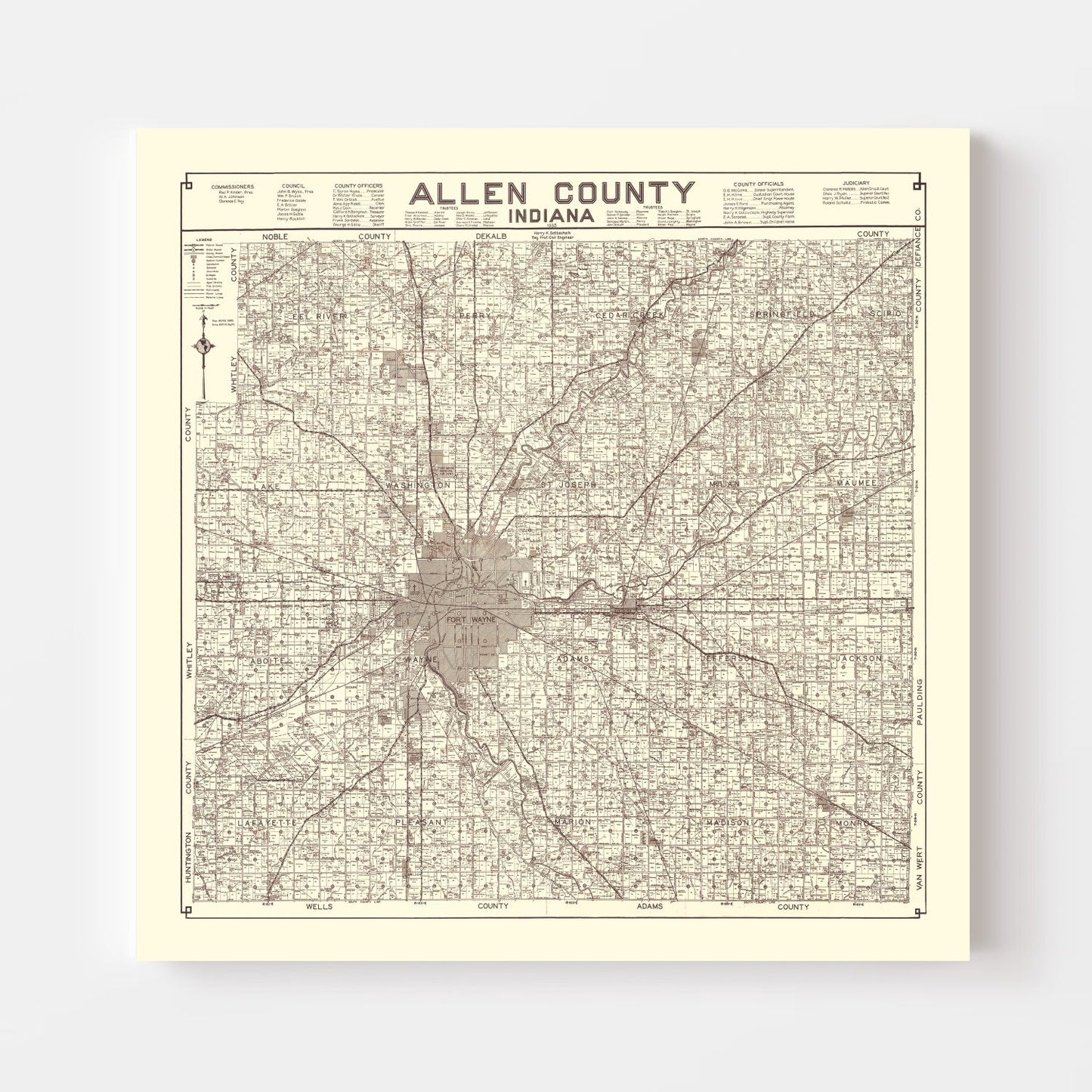 Vintage Map of Allen County, Indiana 1935