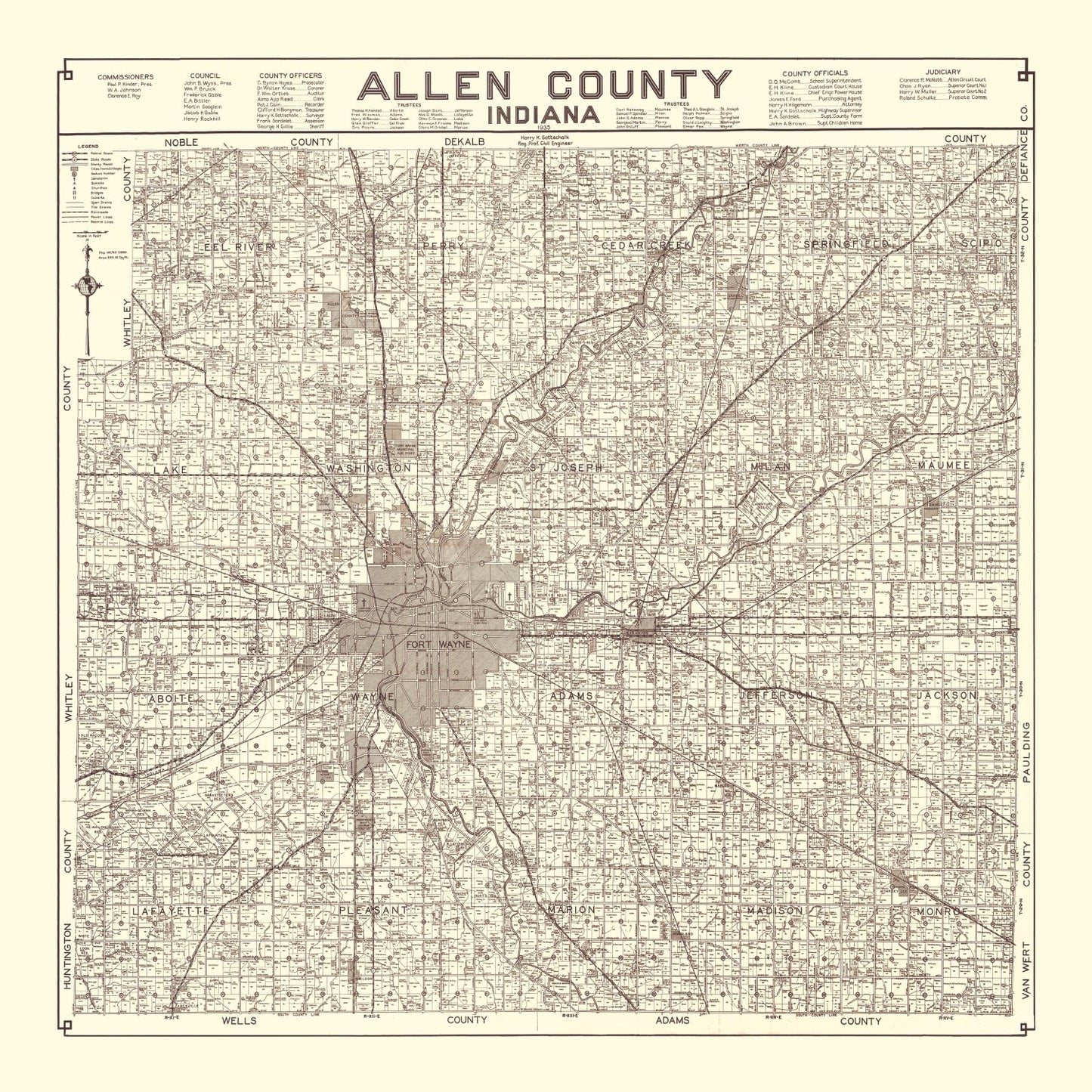 Vintage Map of Allen County, Indiana 1935