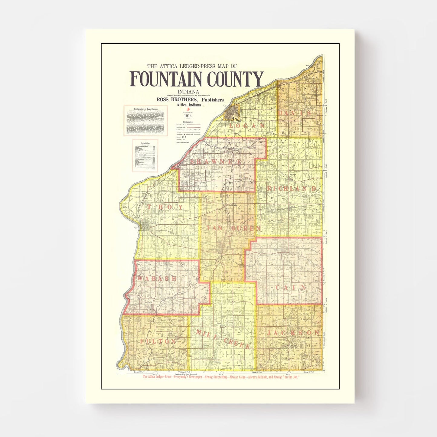 Vintage Map of Attica County, Indiana 1914