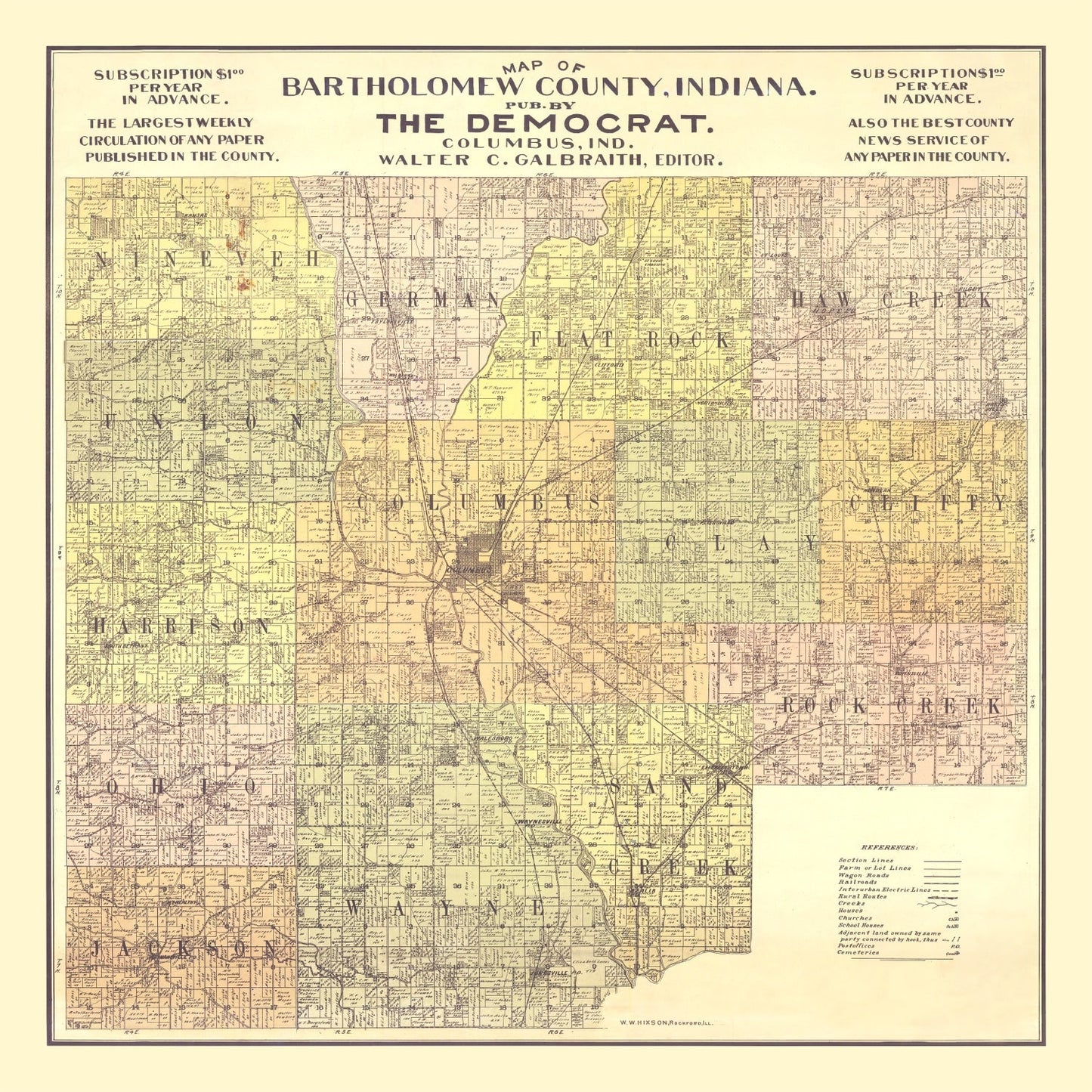 Vintage Map of Bartholomew County, Indiana 1910