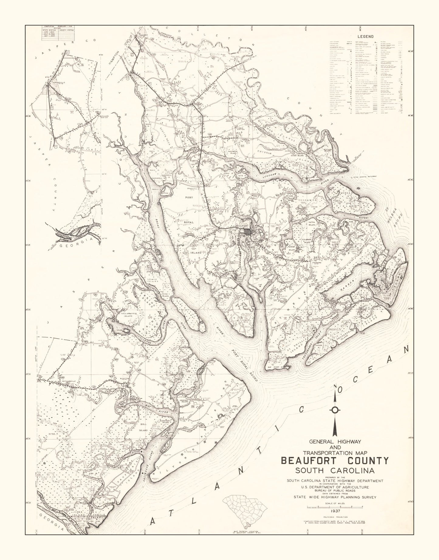 Vintage Map of Beaufort County, South Carolina 1938
