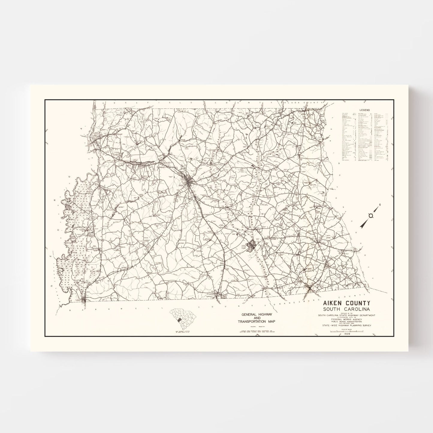Vintage Map of Aiken County, South Carolina 1939