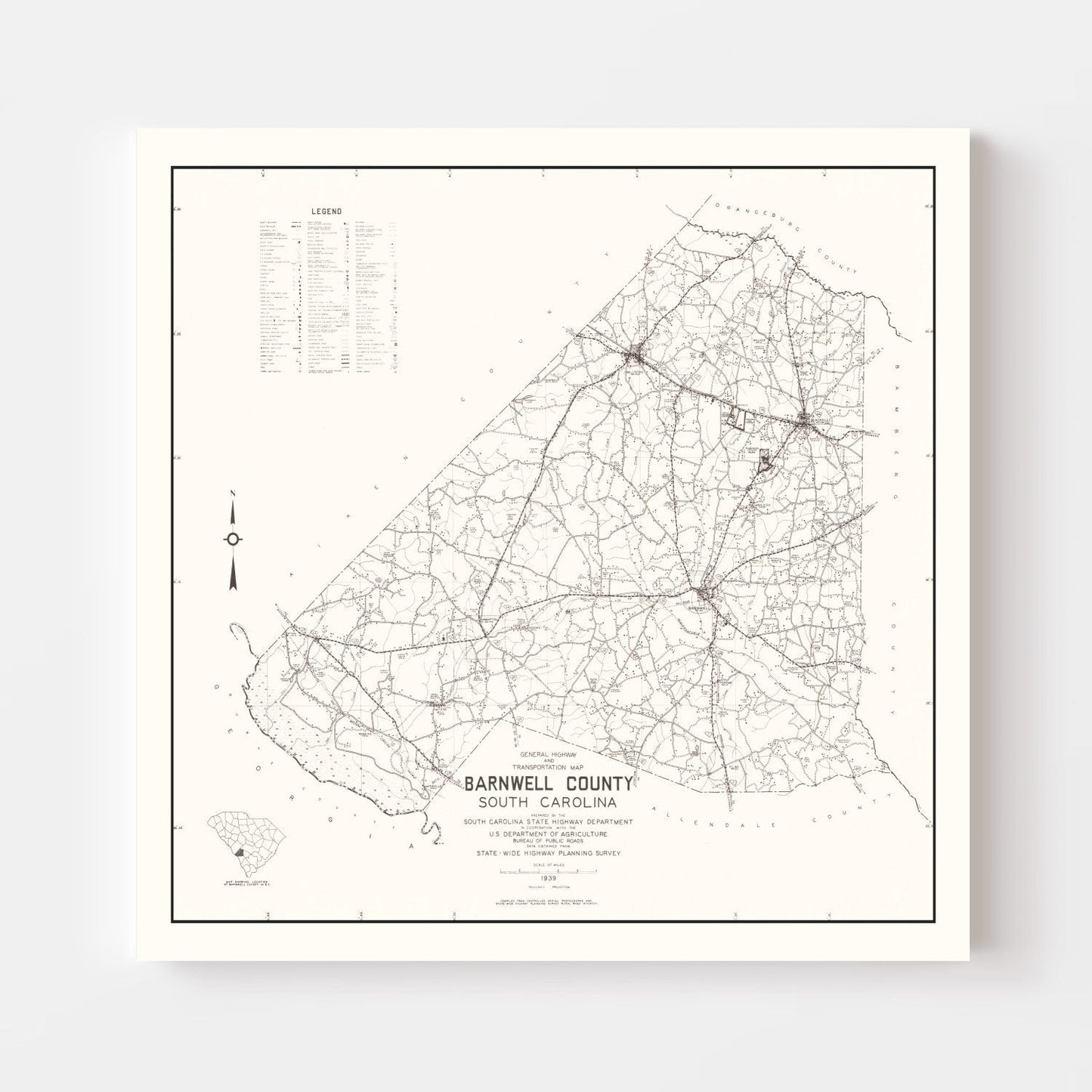 Vintage Map of Barnwell County, South Carolina 1939