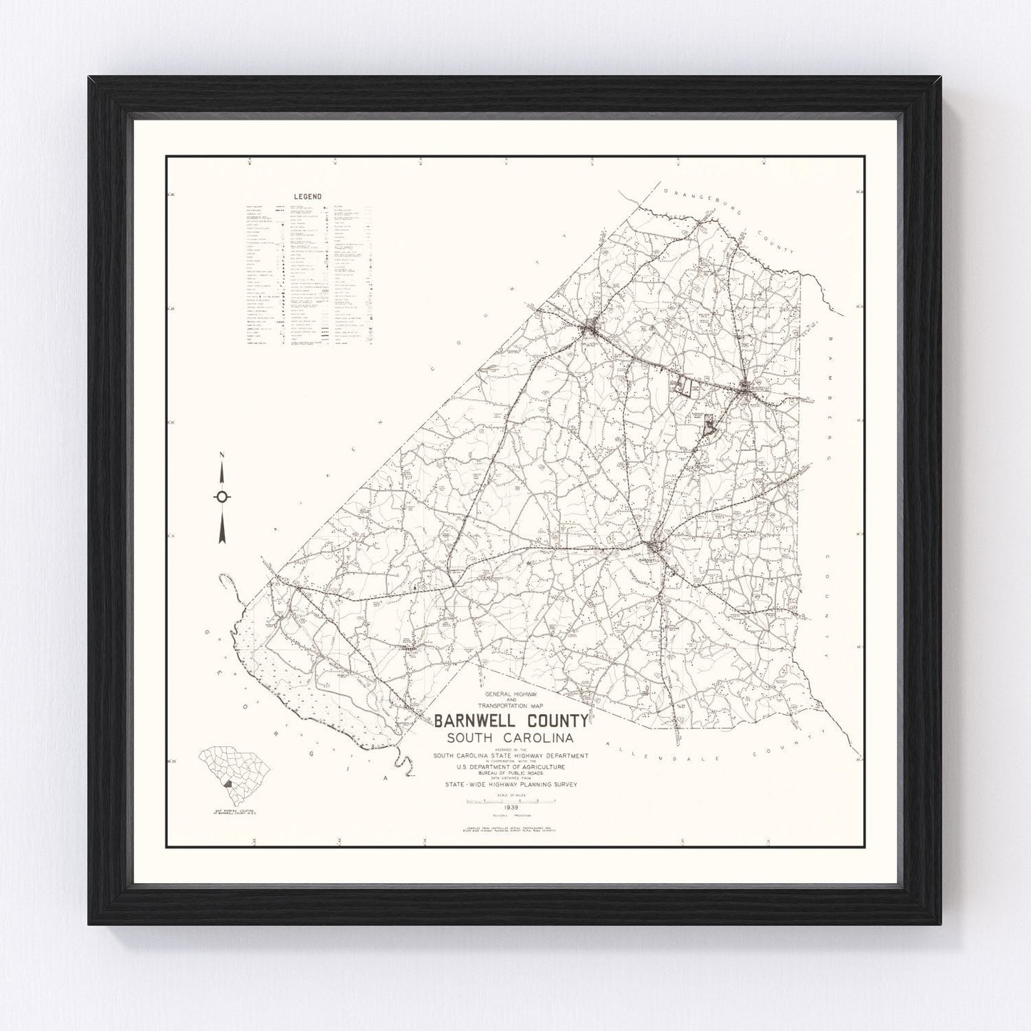 Vintage Map of Barnwell County, South Carolina 1939
