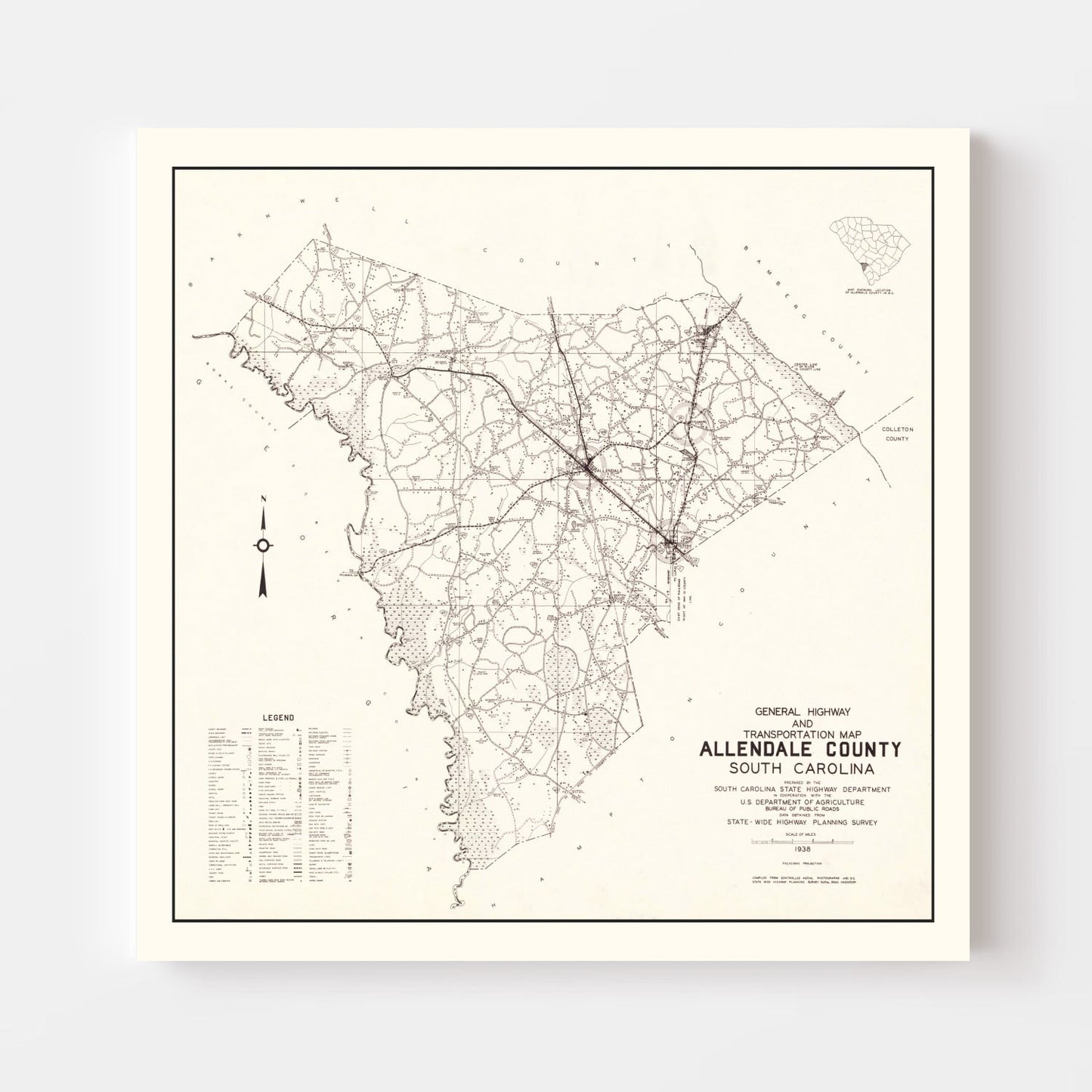Vintage Map of Allendale County, South Carolina 1938