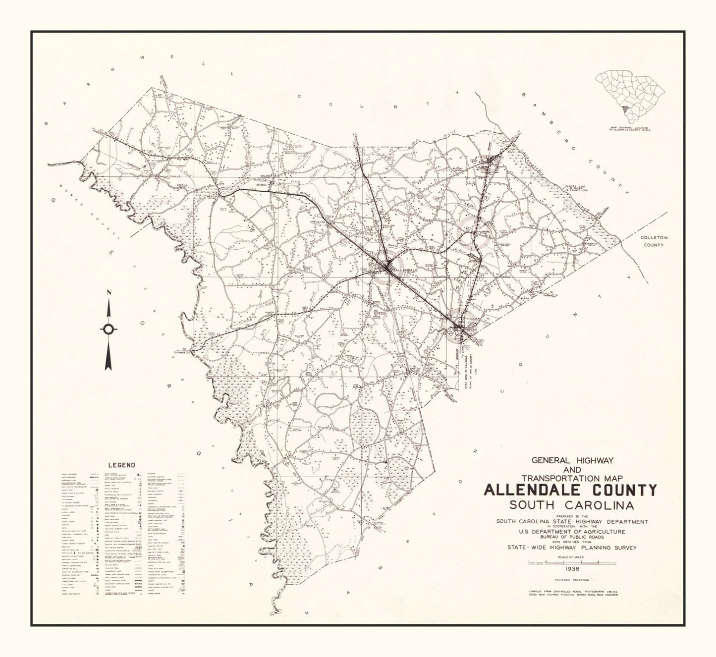 Vintage Map of Allendale County, South Carolina 1938