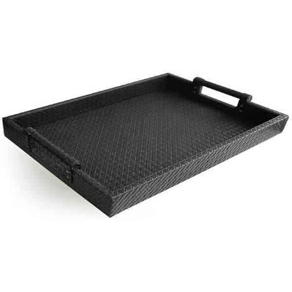 Black Leather Tray with Handles - 14x19" Elegant Serving Tray