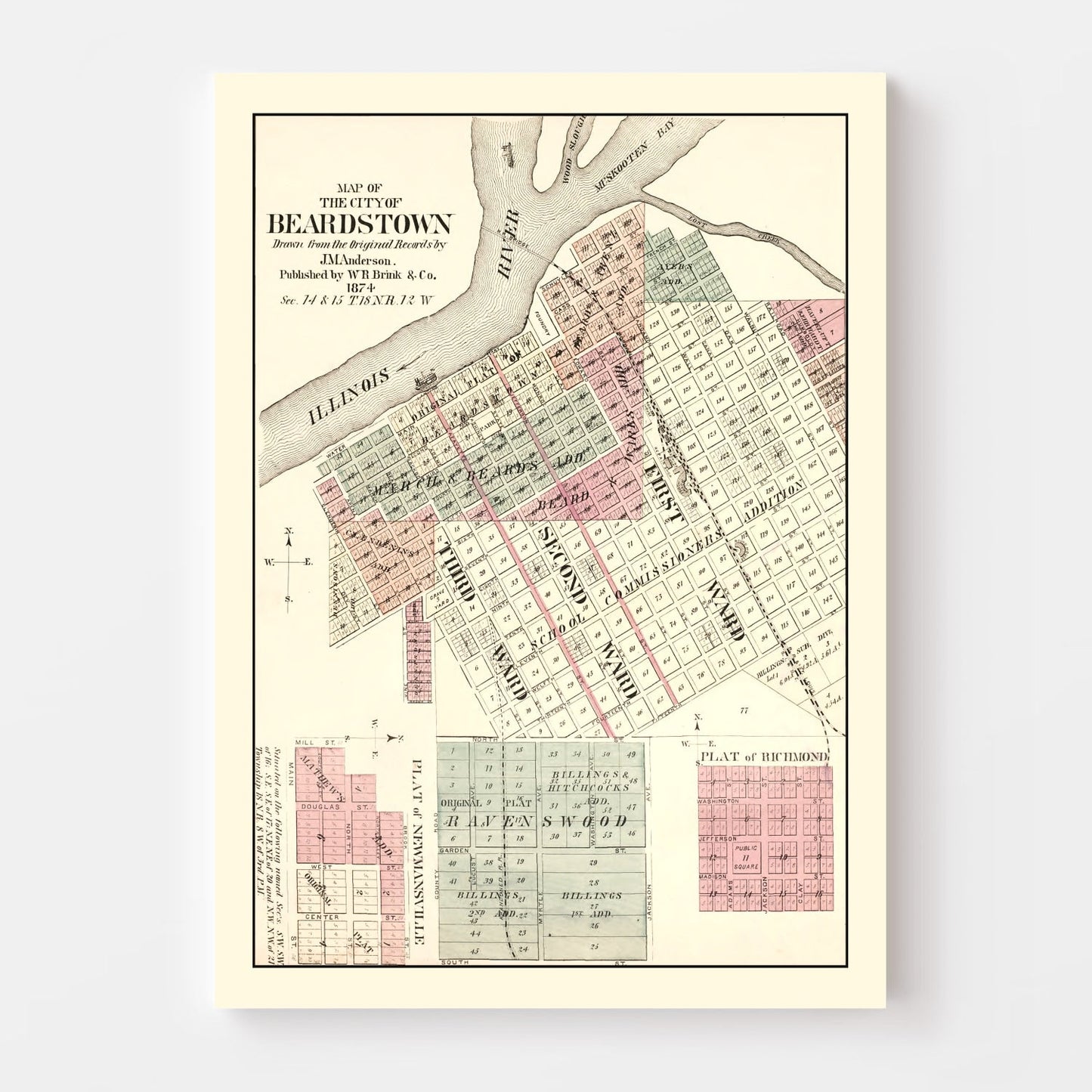 Vintage Map of Beardstown, Illinois 1874