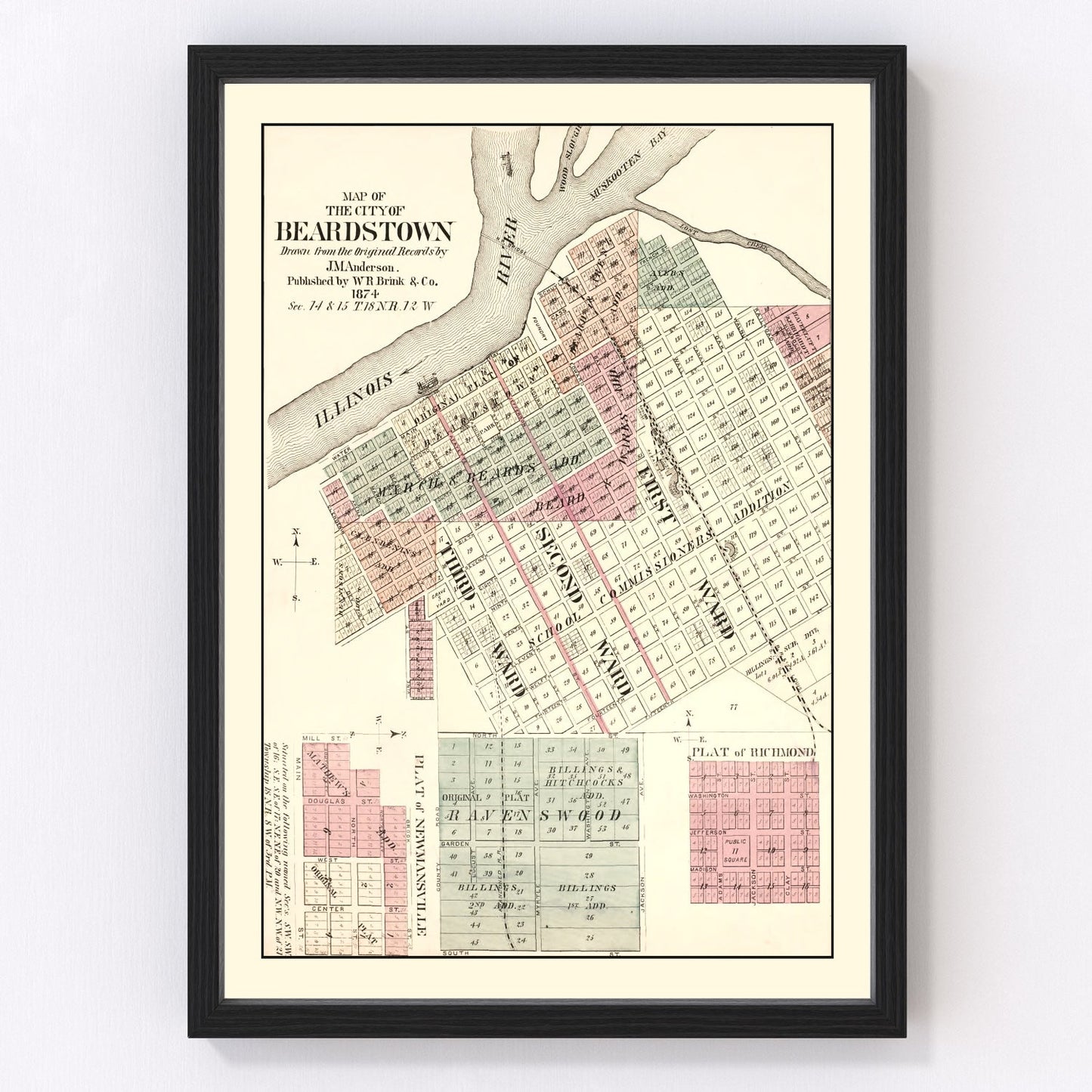 Vintage Map of Beardstown, Illinois 1874