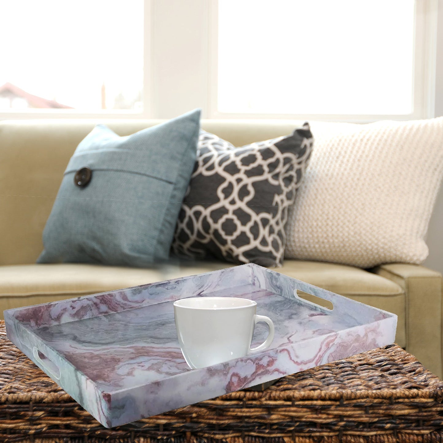 Marble Swirl Red/Black Rectangular Tray with Handles - 14x19" Bold Serving Tray