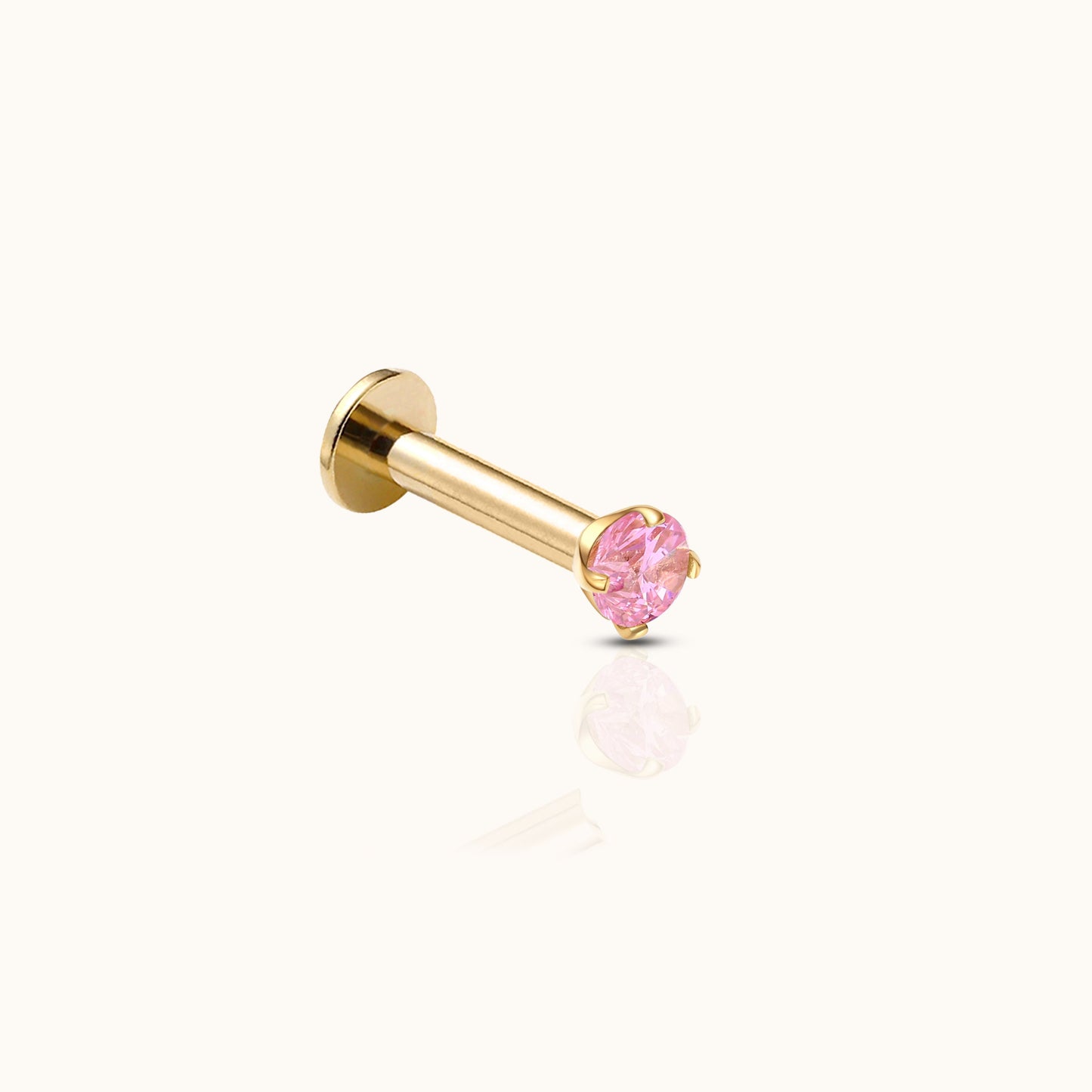 14K Solid Gold 2mm Pink CZ Threadless Labret Flat Back Earring