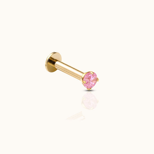 14K Solid Gold 2mm Pink CZ Threadless Labret Flat Back Earring