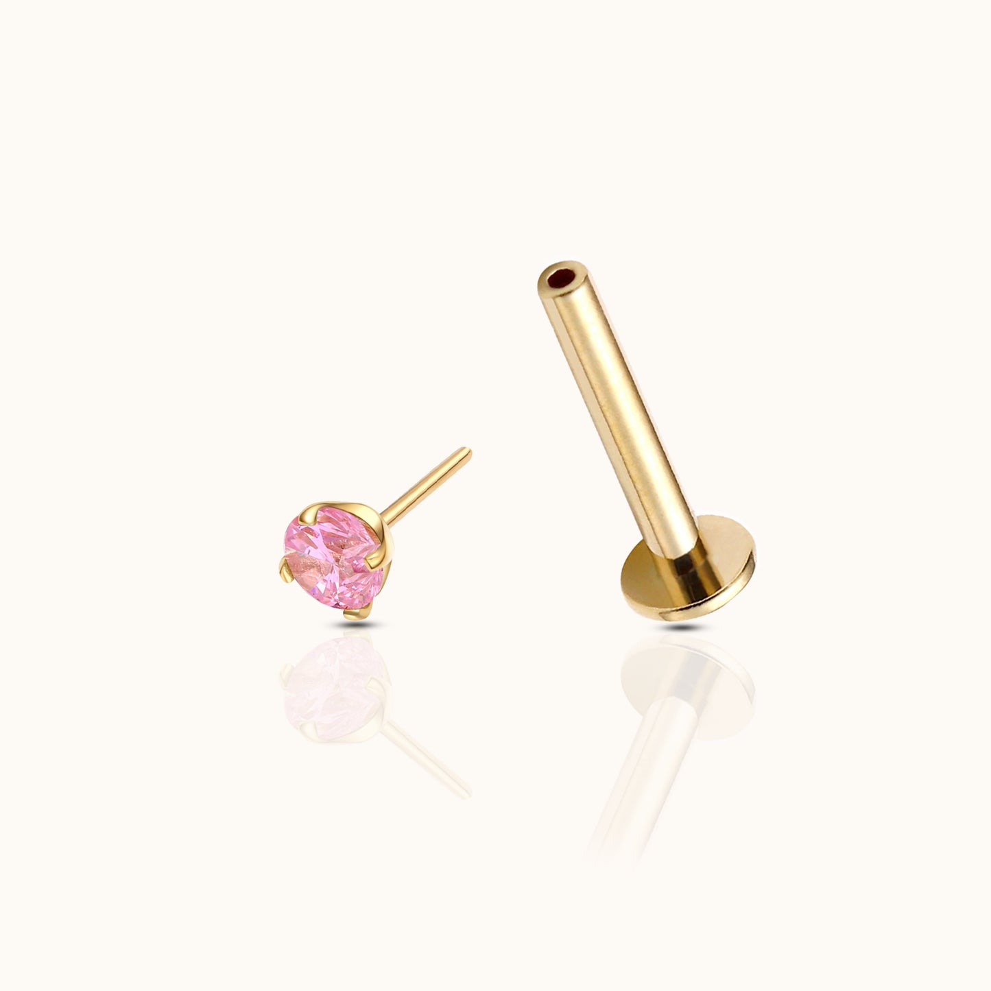 14K Solid Gold 2mm Pink CZ Threadless Labret Flat Back Earring