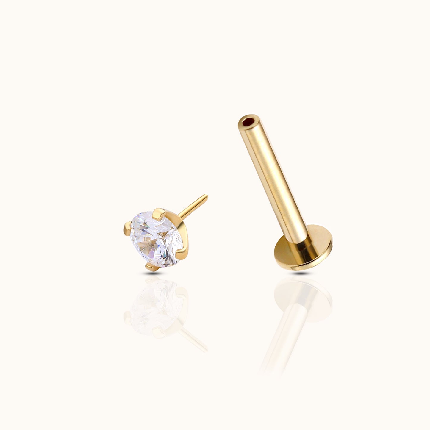 14K Solid Gold 3mm White CZ Threadless Labret Flat Back Earring