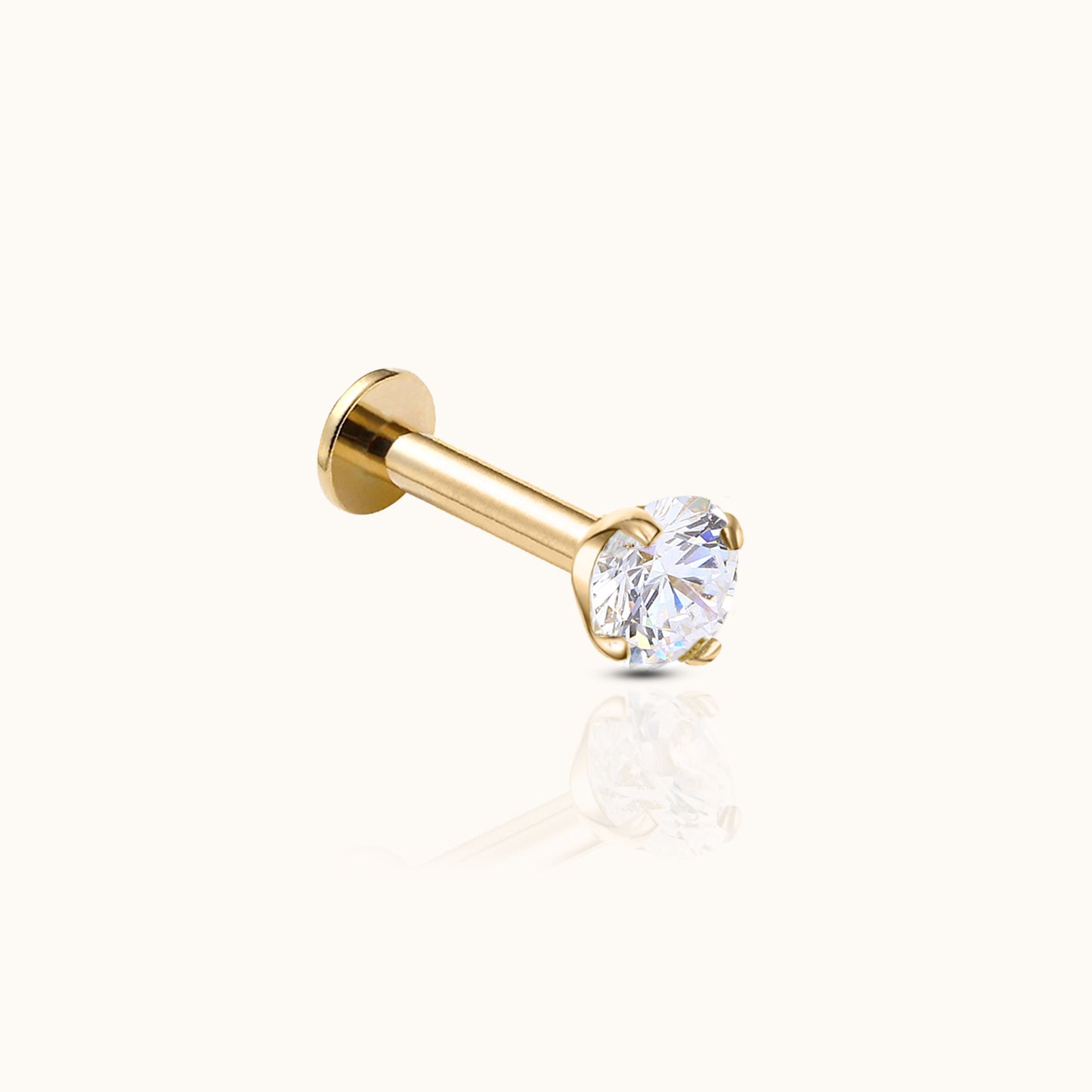 14K Solid Gold 4mm White CZ Threadless Labret Flat Back Earring