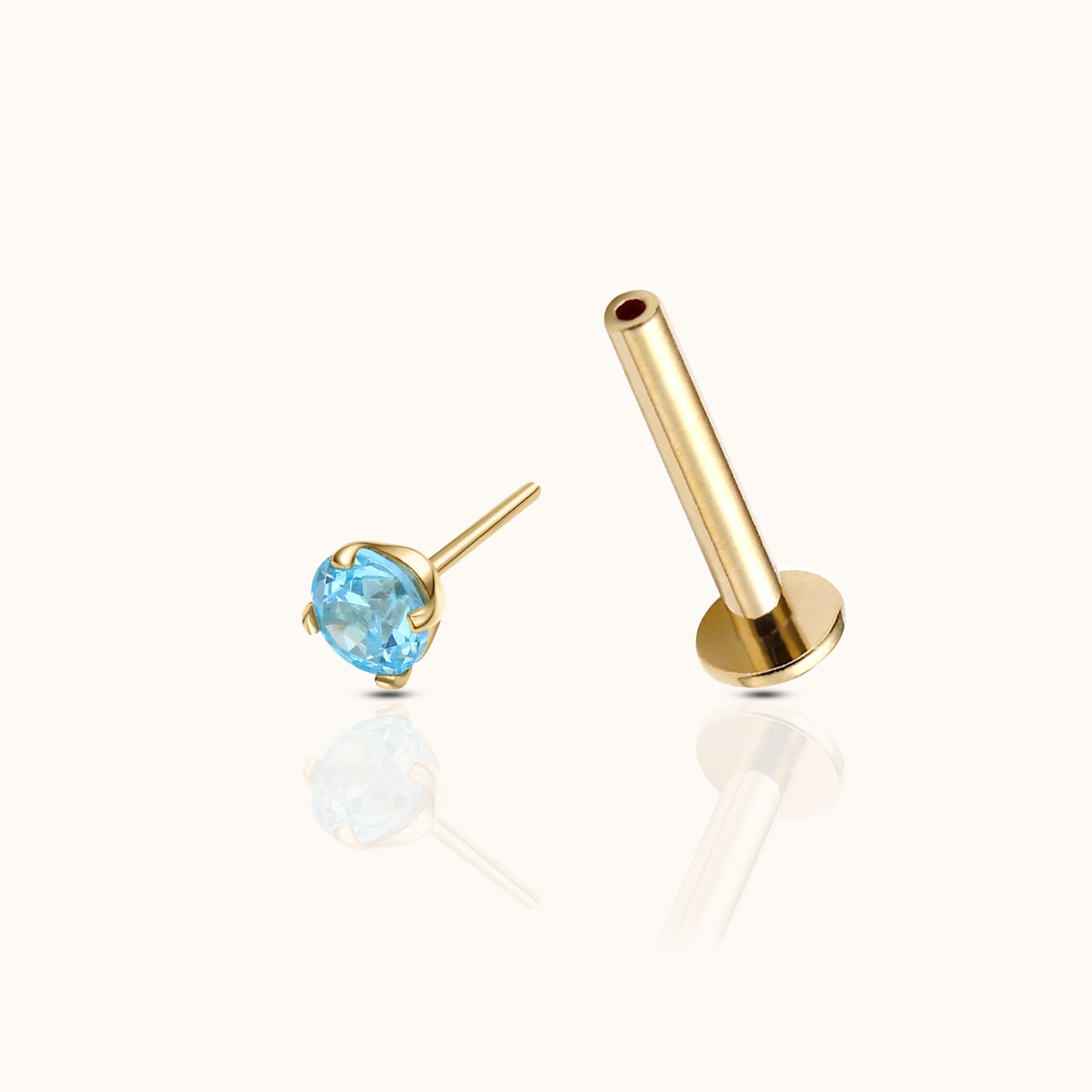 14K Solid Gold 3mm Aquamarine CZ Threadless Labret Flat Back Earring