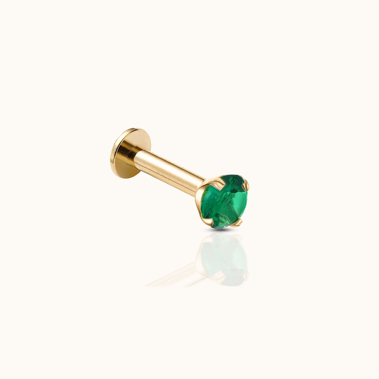 14K Solid Gold 3mm Emerald Green CZ Threadless Labret Flat Back Earring