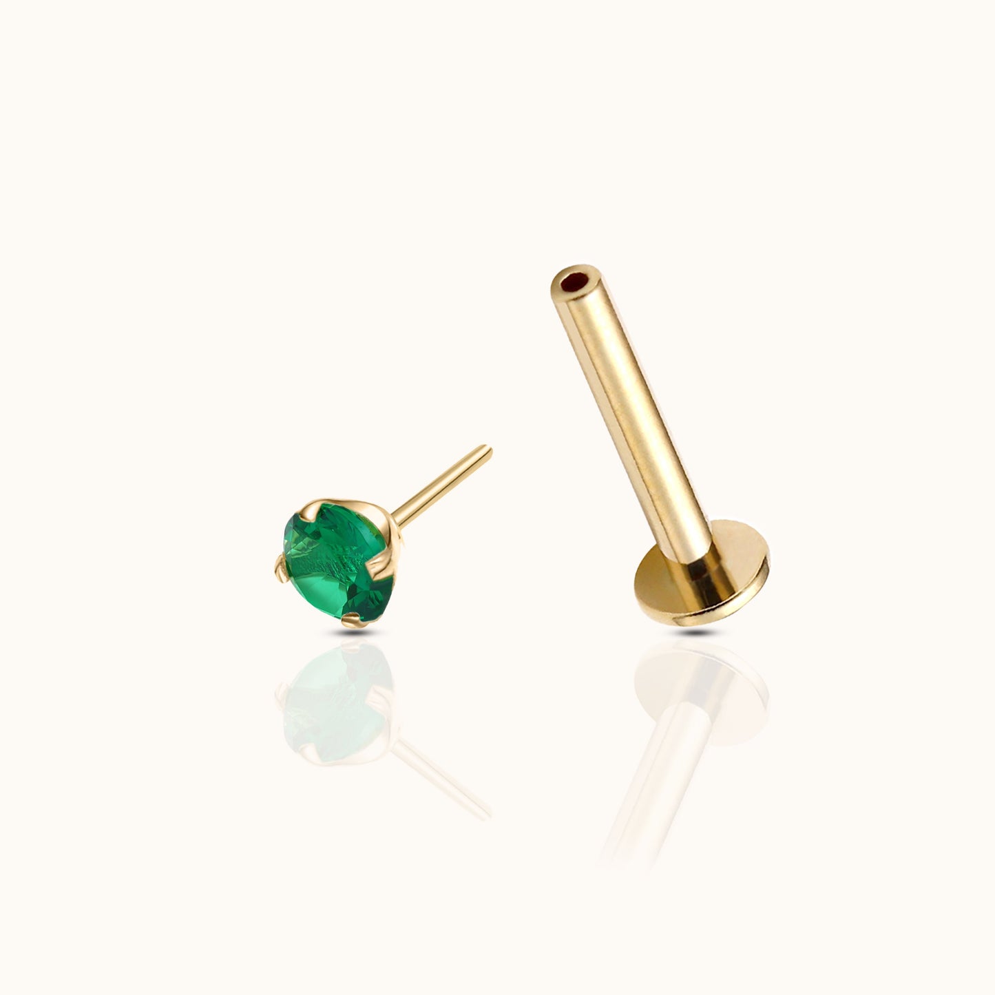 14K Solid Gold 2mm Emerald Green CZ Threadless Labret Flat Back Earring