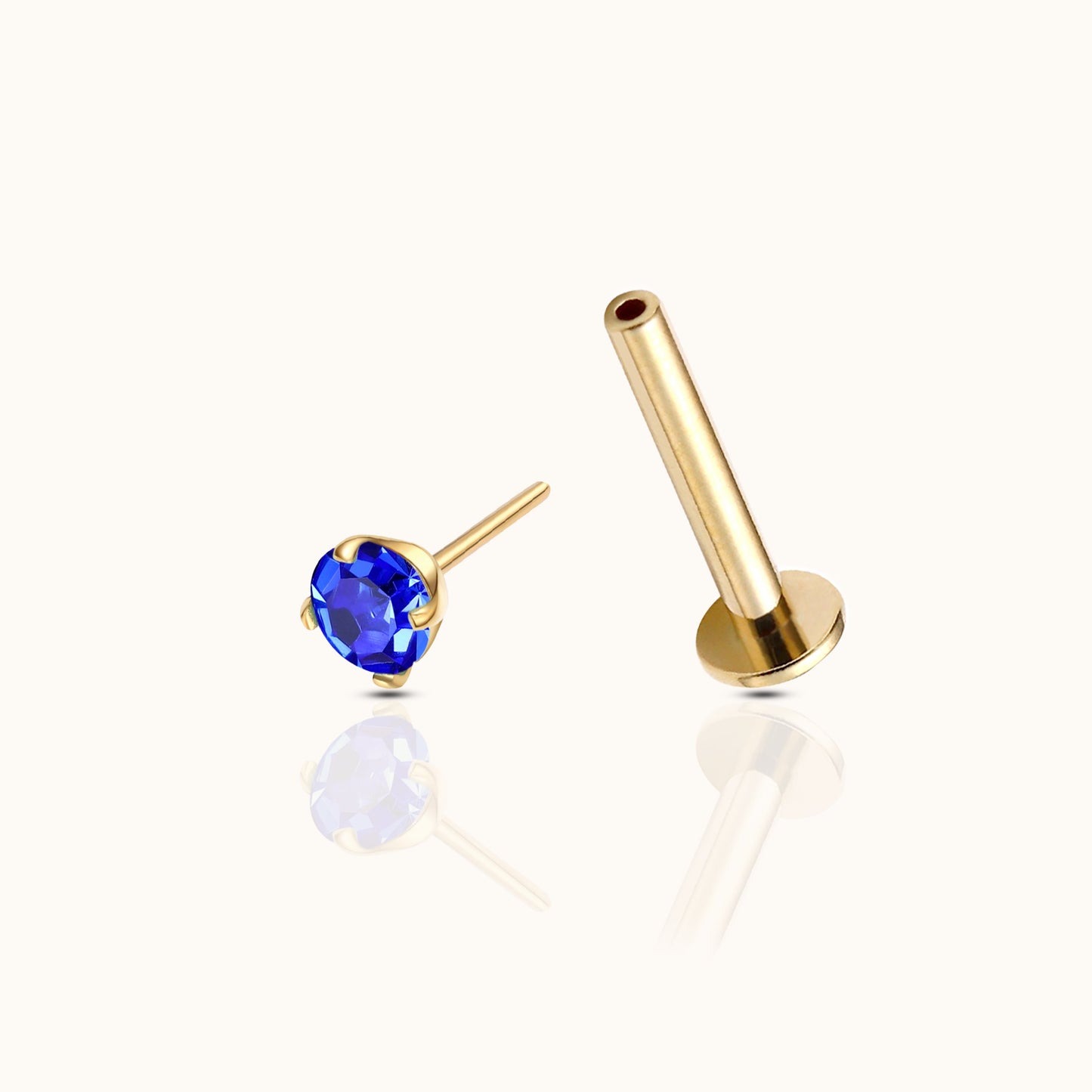 14K Solid Gold 3mm Midnight Blue CZ Threadless Labret Flat Back Earring