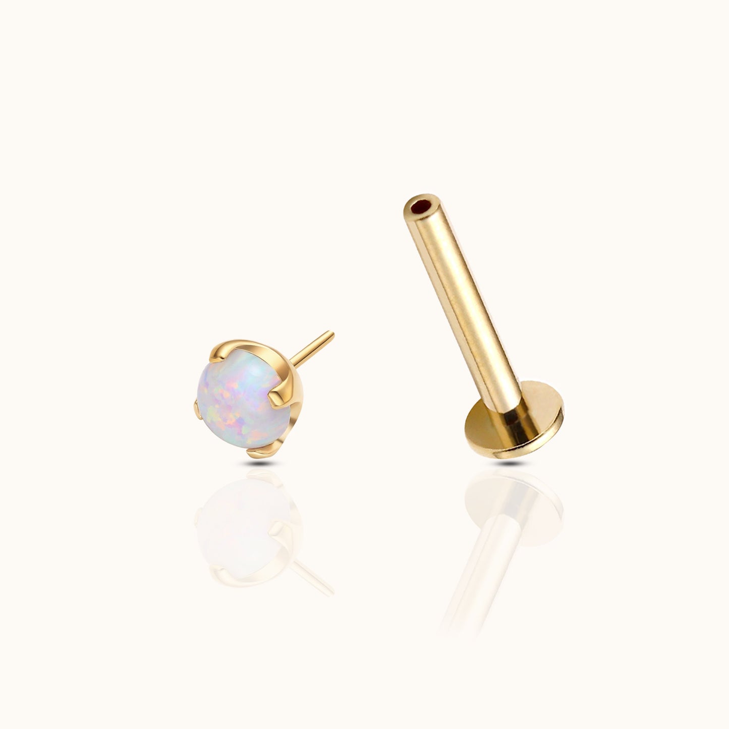 14K Solid Gold 3mm Opal Threadless Labret Flat Back Earring