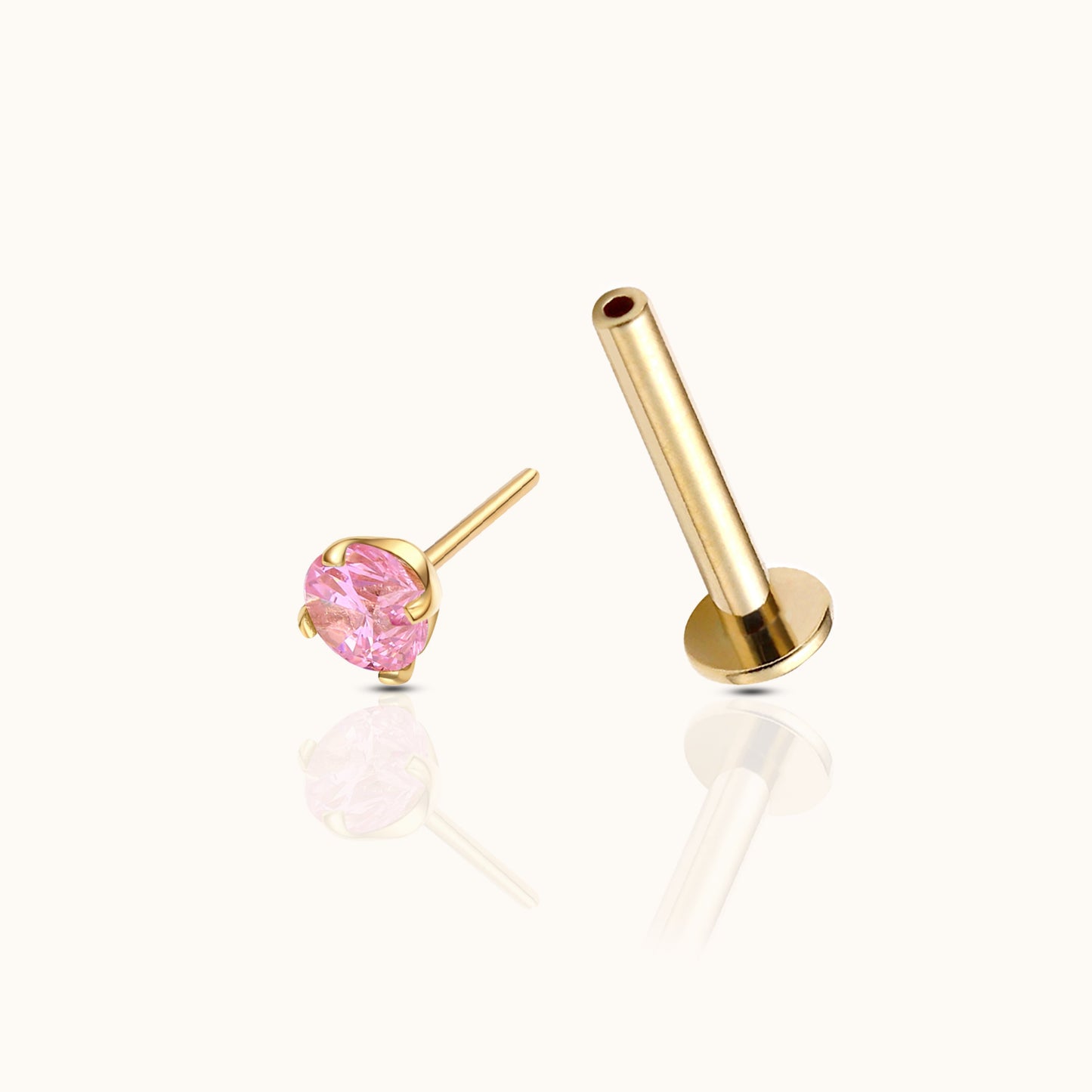 14K Solid Gold 3mm Pink CZ Threadless Labret Flat Back Earring