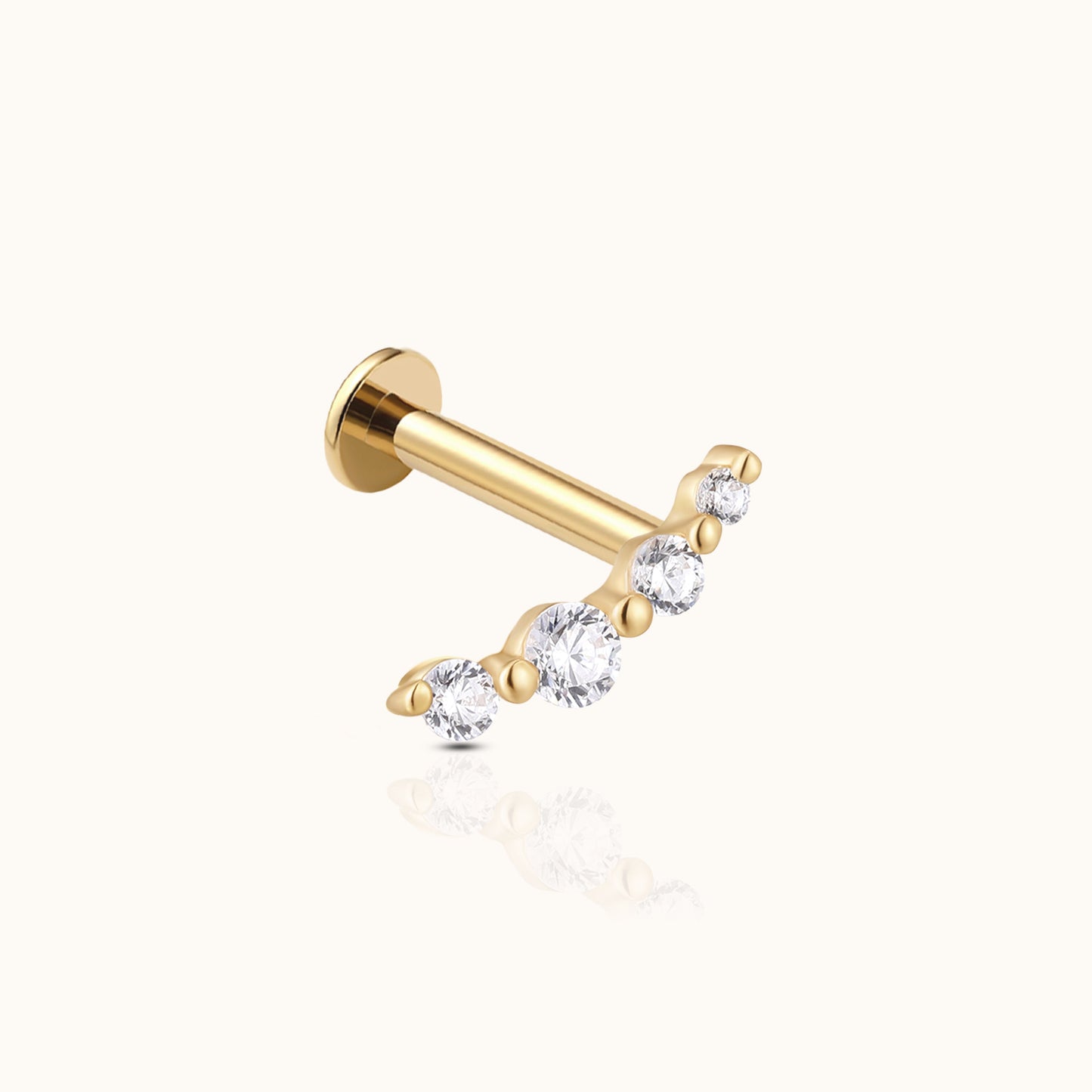 14K Solid Gold Graduated CZ Wave Arc Climber Threadless Labret Flat Back Earring