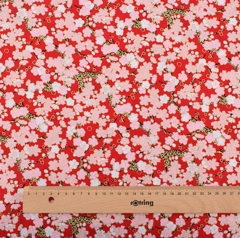 Japanese Floral Cotton Fabric, Handmade Wind-Stamped