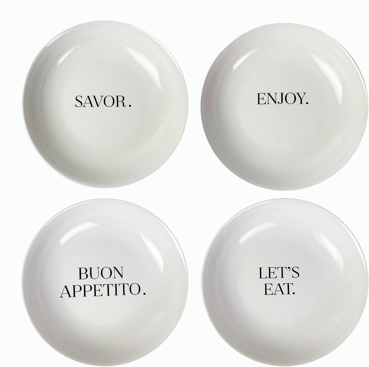 WORDS 5PC WHITE/BLACK PASTA SET: 10.875"D, 58 oz serving bowl, 7.625"D, 21 oz  small bowls  10.875"Dx2.25"H 7.625"Dx1.625"H
