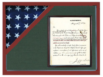 Cherry Shadow box to hold a 3’X5’ flag with 8.5'x11' certificate.