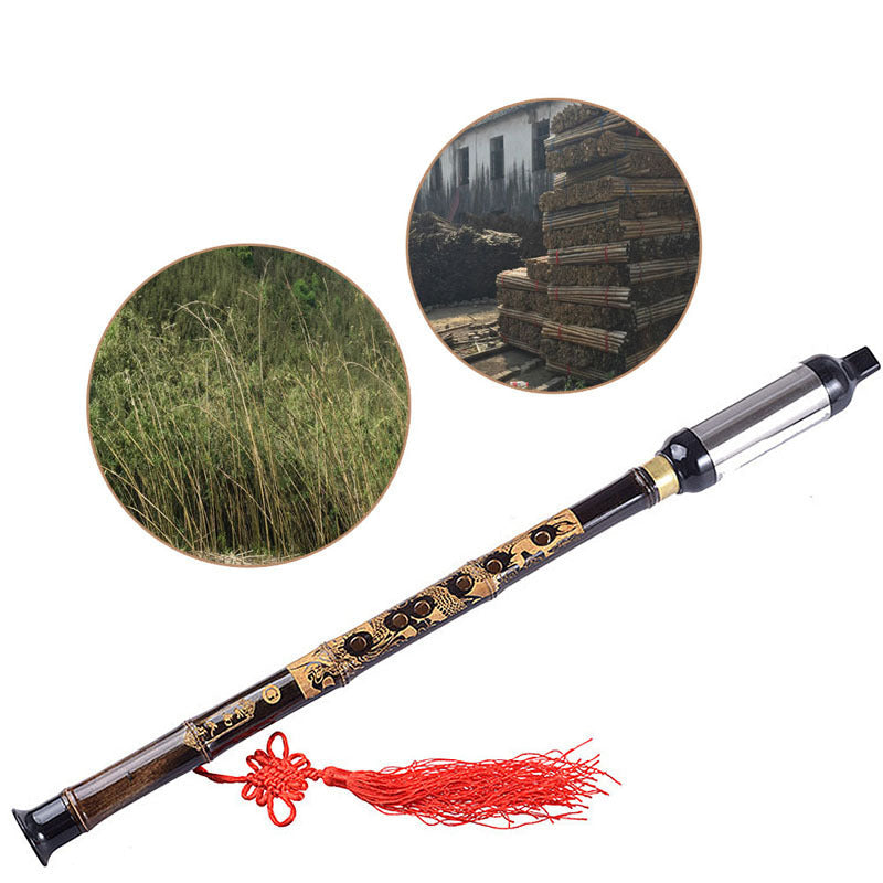 Black Bamboo Bawu Flute, Key of G, Dragon Carving