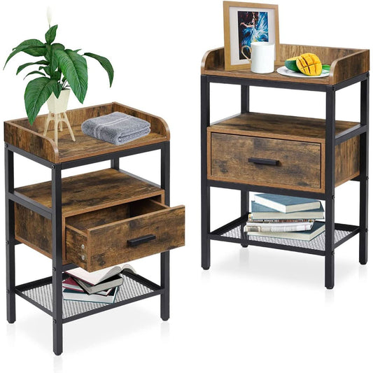 Industrial Three Tier Nightstand Set With Wood Grain Finish