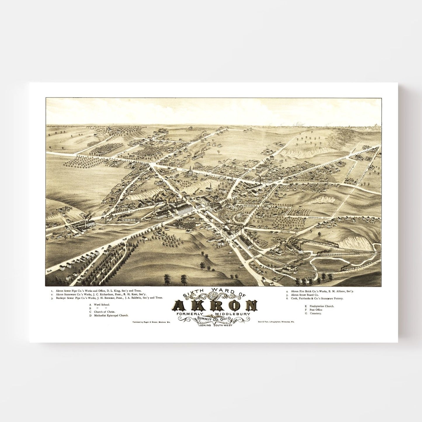 Vintage Map of Akron, Ohio 1882