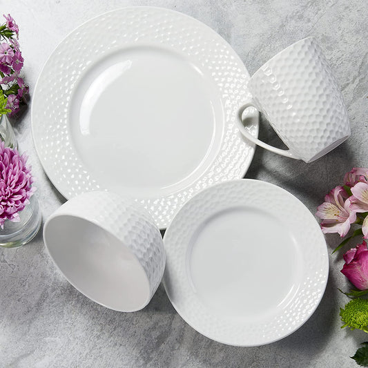 DARCIE PORCELAIN 16 PC DINNER SET: 10.5"DP, 7.5"S, 6"BW, 12oz Mug RB