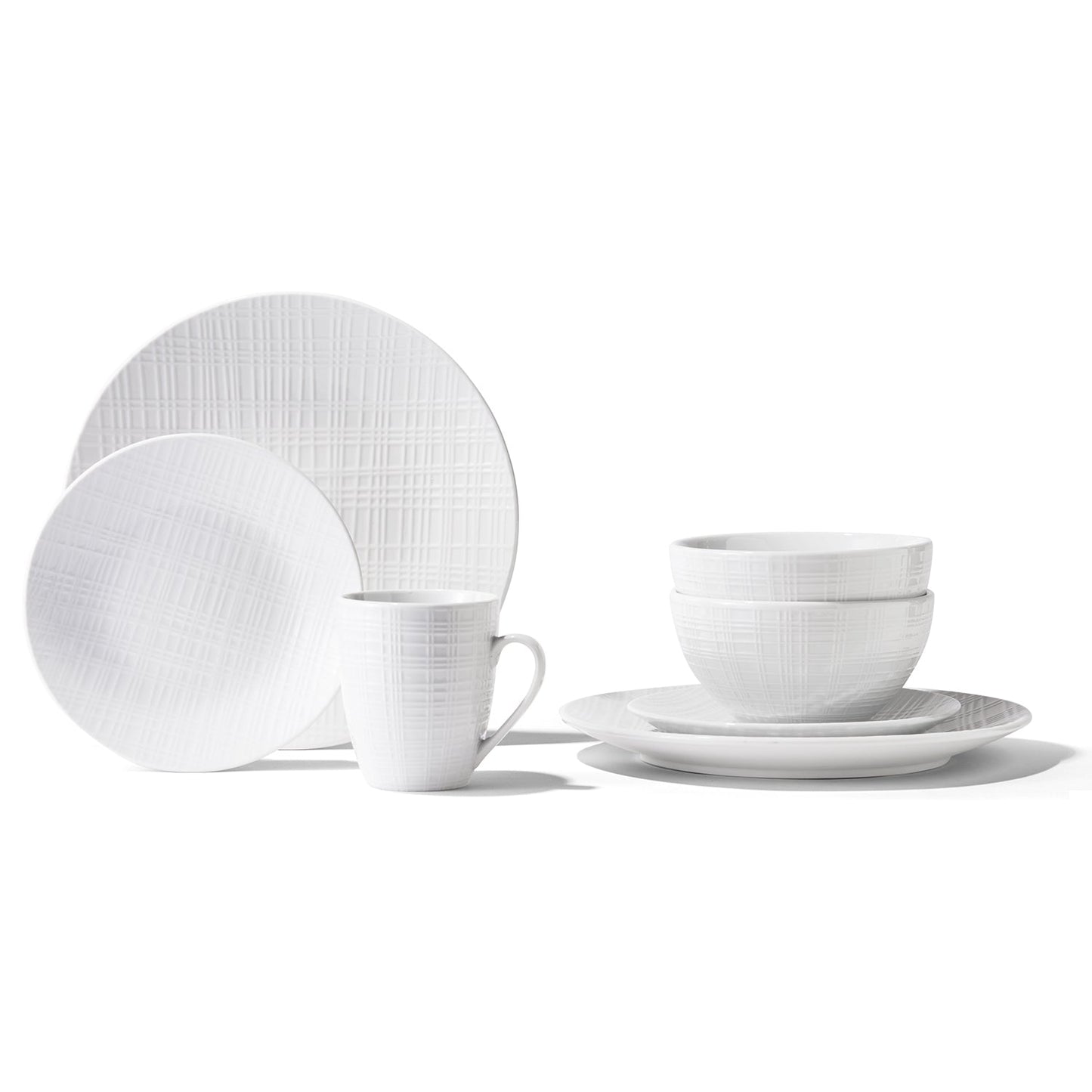 MAEVE PORCELAIN 16 PC DINNER SET: 10.5"DP, 7.5"S, 6"BW, 12oz Mug RB