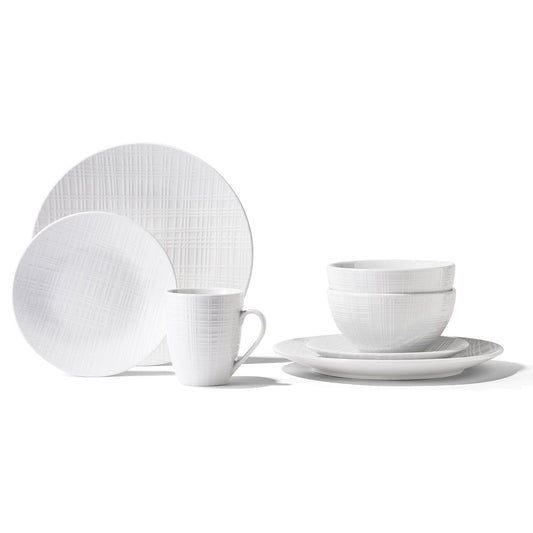 MAEVE PORCELAIN 16 PC DINNER SET: 10.5"DP, 7.5"S, 6"BW, 12oz Mug RB