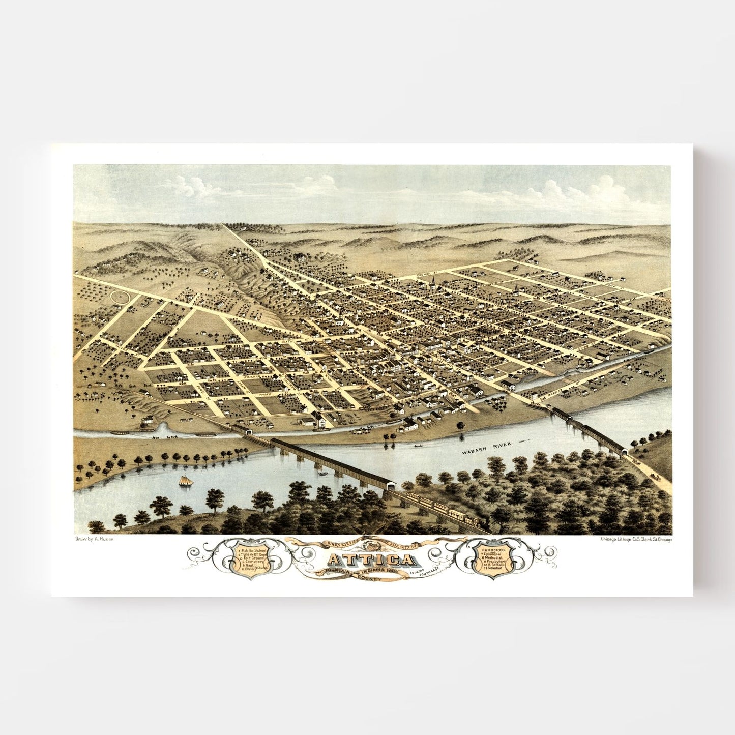 Vintage Map of Attica, Indiana 1869