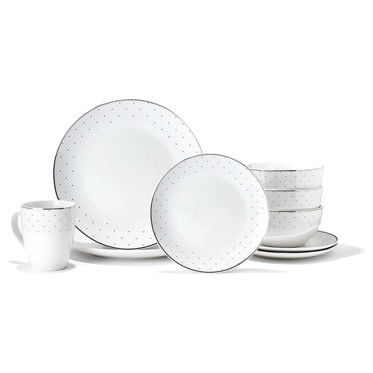 ADRIENNE PORCELAIN 16 PC DINNERWARE SET 10.5"DP, 7.5"S, 5.5"BWL, 12oz M RB